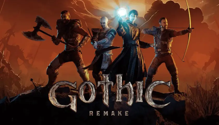 Czterech bohaterów, w tym mag z kulą energii, wojownik z toporem i łucznik, gotowi do walki w świecie Gothic Remake PS5.