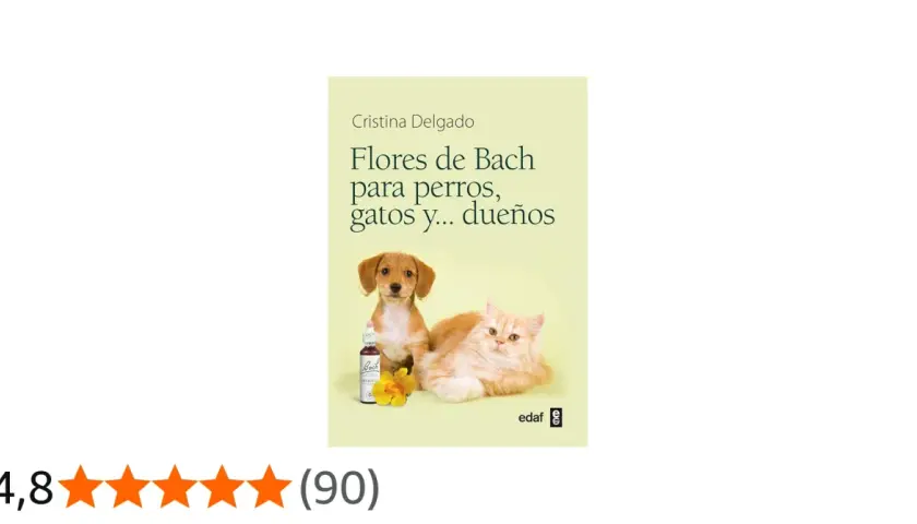 Un cachorro y un gato junto a un frasco de flores de Bach. El libro "Flores de Bach para perros, gatos y... dueños" de Cristina Delgado.