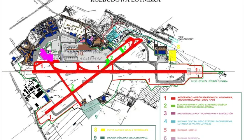 Plan rozbudowy Lotniska Chopina w Warszawie. Widać modernizację dróg startowych (1) i budowę nowych dróg szybkiego zejścia (2).