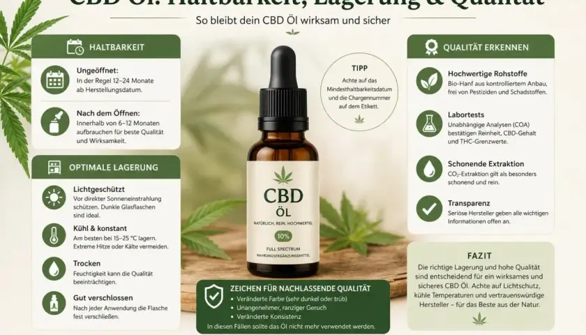 CBD Öl: Haltbarkeit, Lagerung & Qualität. So bleibt dein CBD Öl wirksam und sicher. Keine Infos zu cbd öl und alkohol.