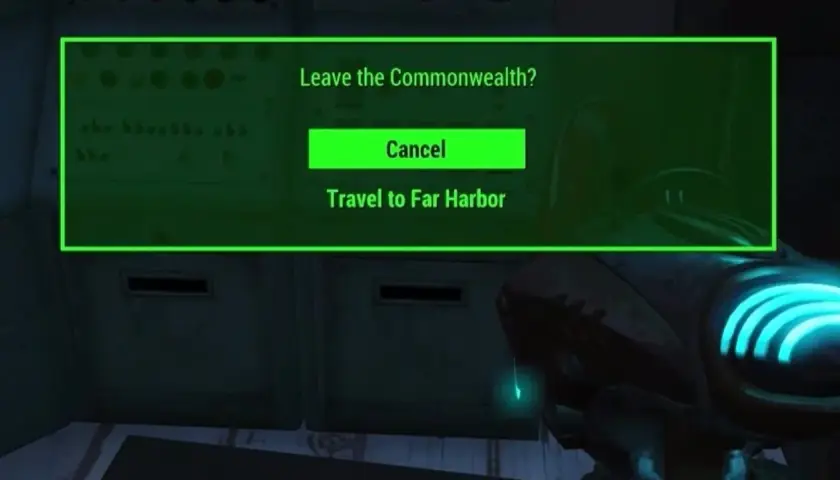 Dialogfenster in Fallout 4: "Commonwealth verlassen? Reise nach Far Harbor starten.