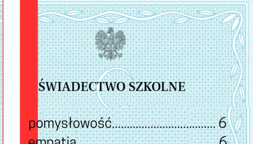 Świadectwo szkolne z paskiem, z godłem Polski. Ocena z pomysłowości to szóstka!