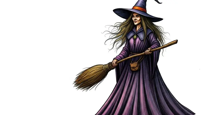 Una strega con cappello a punta e scopa, pronta a volare. In inglese, come si dice strega? Witch.