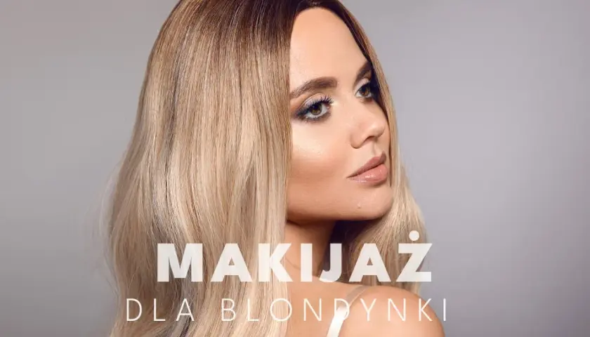 Elegancki makijaż dla blondynki podkreślający urodę. Delikatne cienie i błyszczące usta.