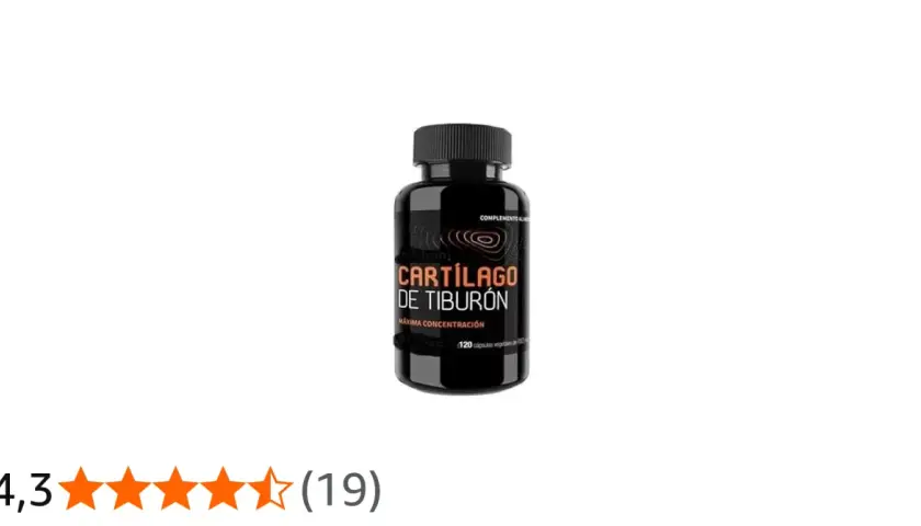Bote negro con etiqueta naranja que anuncia "Cartílago de Tiburón" con alta concentración.