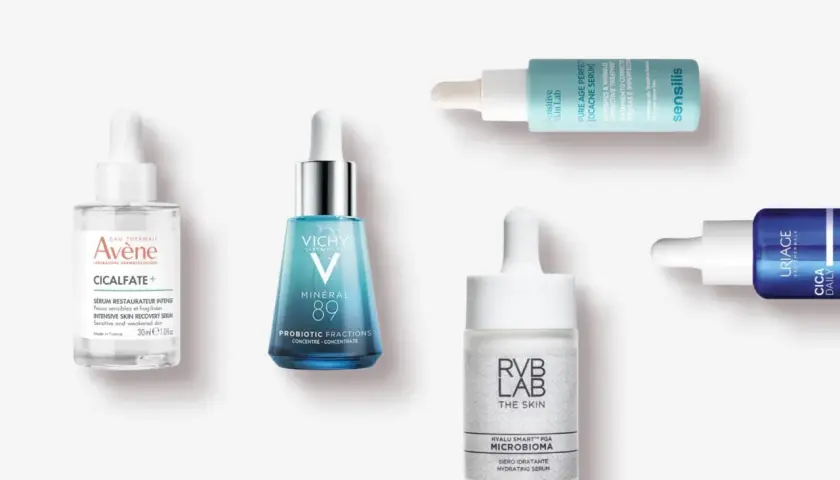 Flera serum för hudvård, inklusive probiotisk hudvård, från märken som Vichy, Avène och Uriage.