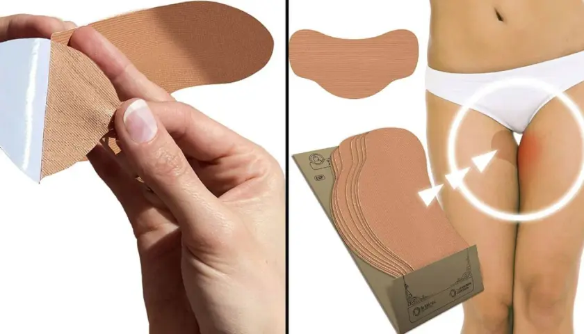 Protección para evitar rozaduras en los muslos. Tiras adhesivas de tela para mayor comodidad al caminar.