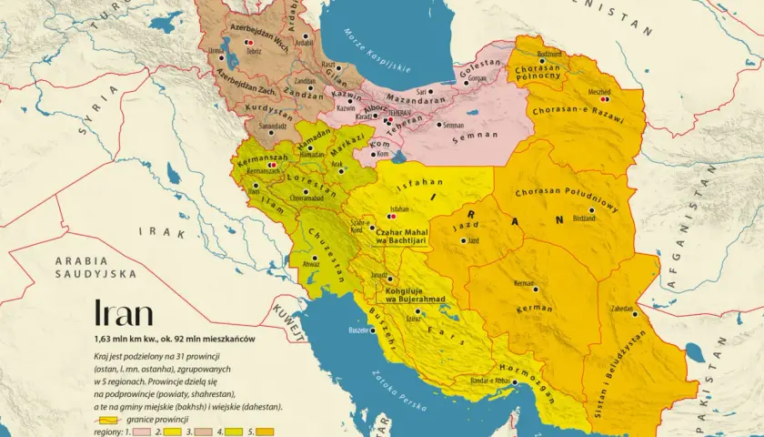 Mapa administracyjna **Persji obecnie** (Iranu) z zaznaczonymi prowincjami, stolicami i granicami.