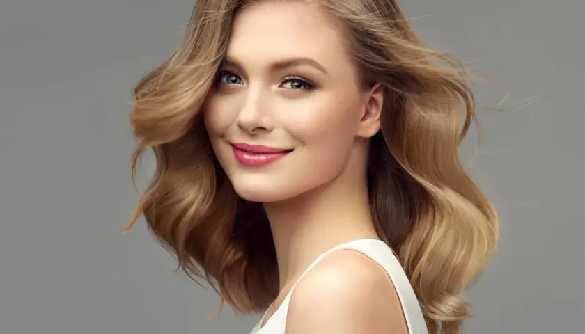 Mujer sonríe con mechas rubias que parecen oscurecerse en las puntas, creando un efecto degradado natural.