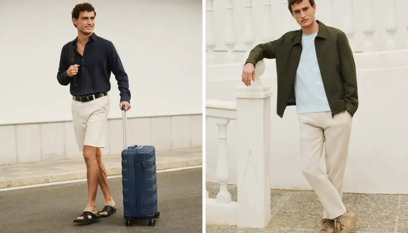 Eleganckie stylizacje męskie na co dzień: ciemna koszula i beżowe szorty z walizką lub jasna koszulka, oliwkowa kurtka i lniane spodnie.