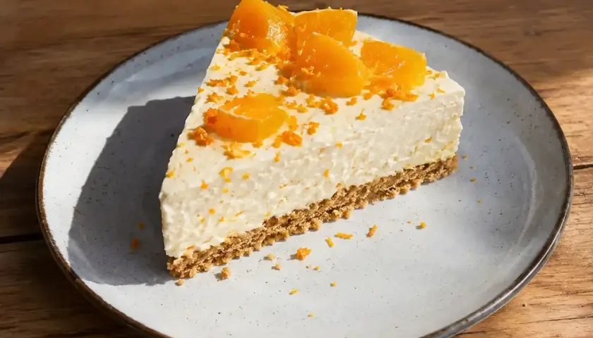 En krämig passionsfrukt cheesecake med apelsinzest och kanderad apelsin.