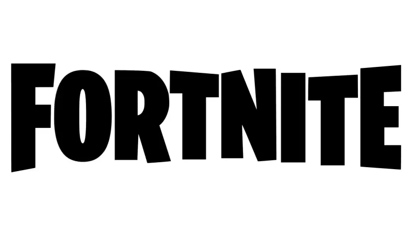 Czarny, wyrazisty znak Fortnite na białym tle.