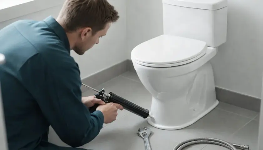 Hantverkare använder fogpistol för att montera toalettstol. Verktyg som skiftnyckel och slang ligger redo.