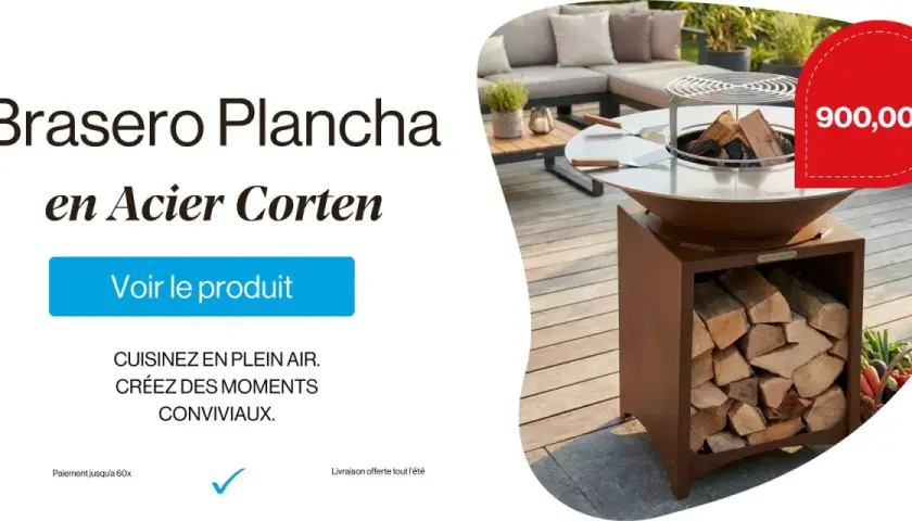 Un brasero plancha en acier Corten, parfait pour vos apéros conviviaux en plein air. Prix : 900€.