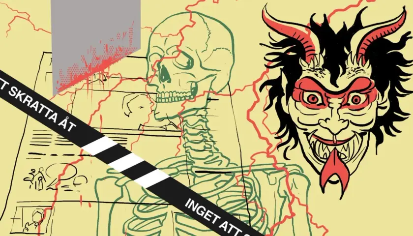 En demonisk figur och ett skelett, omgivna av röda linjer. Texten "ETT SKRATTA ÅT" och "INGET ATT S" antyder att detta är en illustration som visar vad betyder satir.