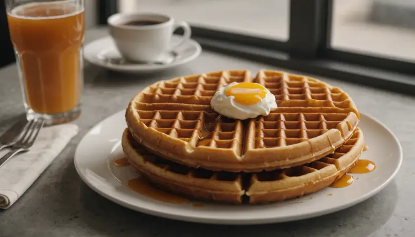 Gaufres dorées nappées de sirop, surmontées d'un œuf poché. Une tasse de café et un verre de jus complètent ce petit-déjeuner gourmand, parfait pour une recette gaufre réussie.