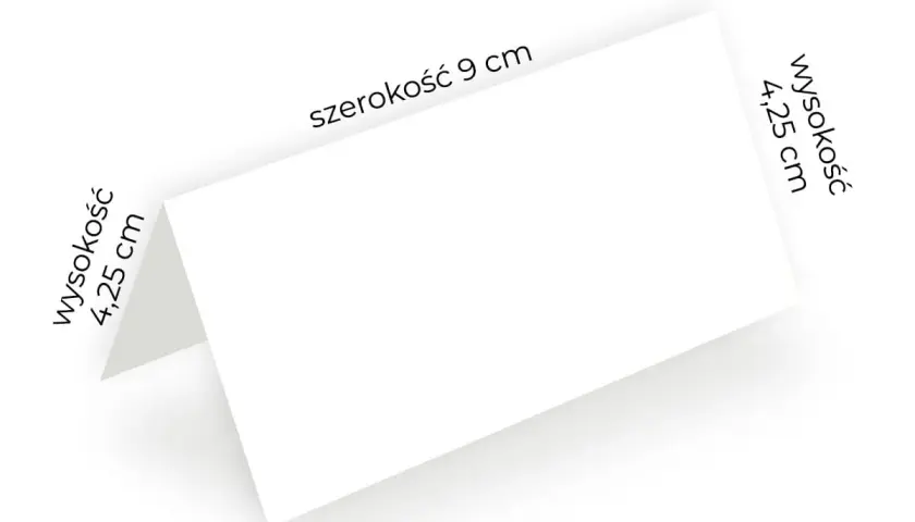 Biała, złożona kartka z informacją o wymiarach winietek: szerokość 9 cm, wysokość 4,25 cm.