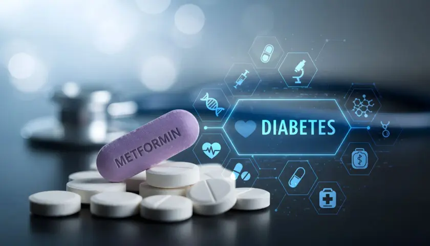 Fioletowa tabletka z napisem METFORMIN na stosie białych tabletek, obok ikony serca i napisu DIABETES.