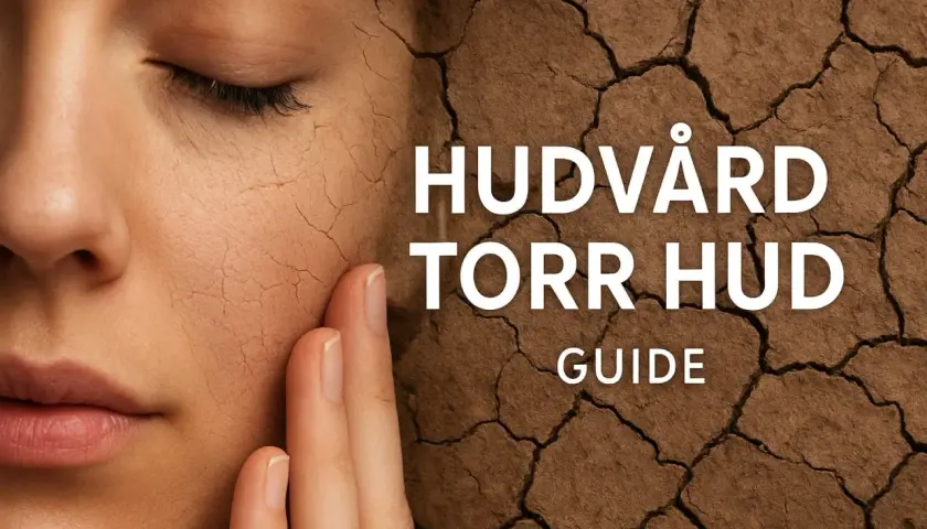 En närbild av ett ansikte med torr, sprucken hud. Texten "HUDVÅRD TORR HUD GUIDE" antyder att du kanske undrar vilken hudtyp jag har.