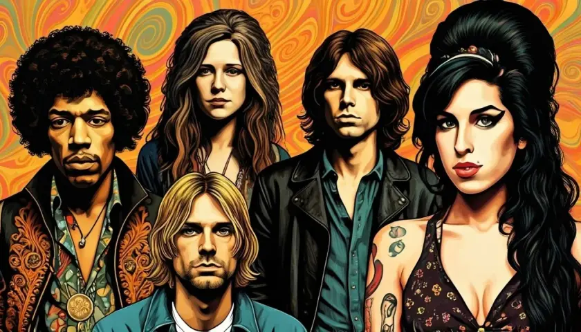 Ikony muzyki, które zmarły w wieku 27 lat, tworzą legendarny club 27. Jimi Hendrix, Janis Joplin, Jim Morrison, Kurt Cobain i Amy Winehouse w psychodelicznym stylu.
