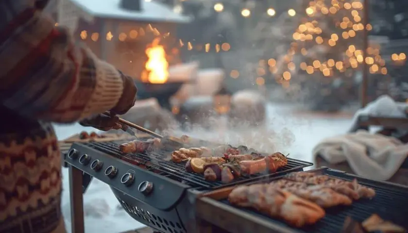 Un **barbecue d'hiver** en plein air, avec des brochettes et des saucisses grillant sur le feu, sous des guirlandes lumineuses. La neige recouvre le sol.