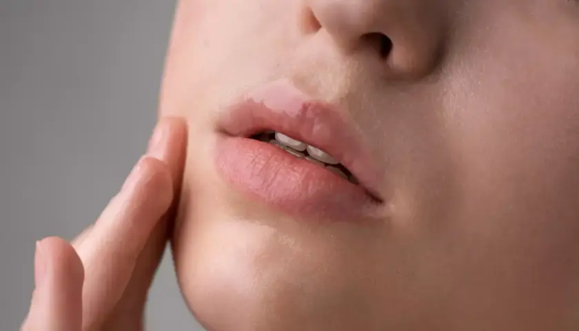 Labios rosados y brillantes, con una textura que podría sugerir la presencia de hongos en los labios, tocados suavemente por un dedo.