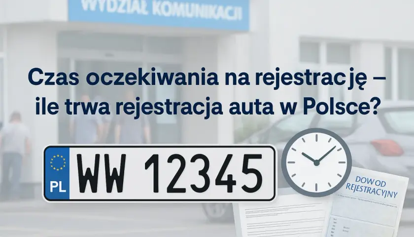 Ile trwa rejestracja samochodu w urzędzie? Zegar, tablica rejestracyjna i dokumenty wskazują na czas oczekiwania.