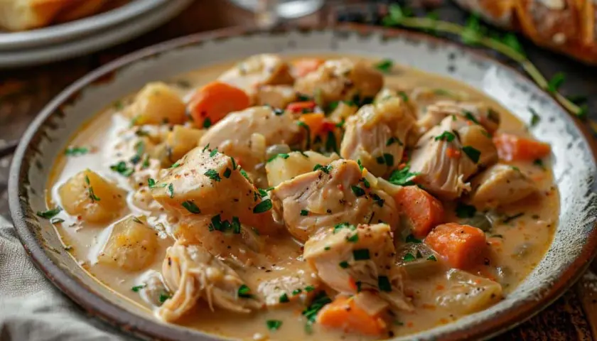Une assiette de blanquette de dinde crémeuse avec des morceaux de dinde, des carottes et des pommes de terre, garnie de persil frais.