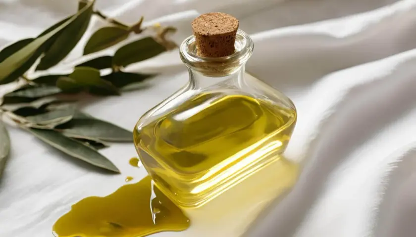 Aceite de oliva derramado de una botella, una escena que inspira a saber como quitar mancha de aceite.