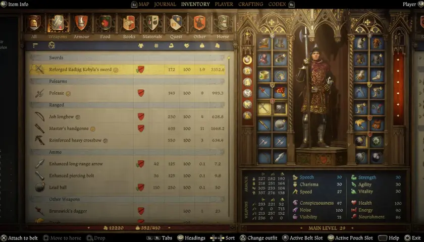 Reforged Radzig Kobyla's sword - najlepsza broń w Kingdom Come Deliverance, z atakami 172 i obroną 100.