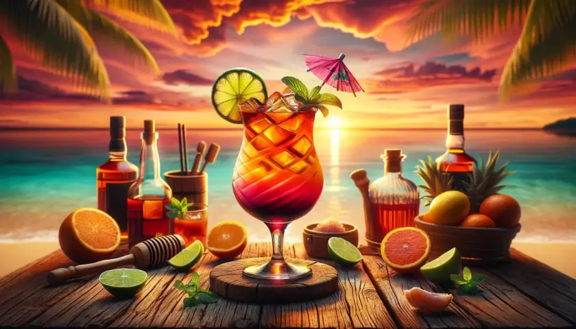 Tropikalny drink rum punch z owocami i butelkami alkoholu na plaży o zachodzie słońca.
