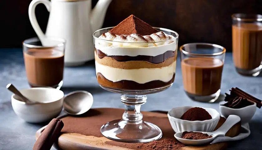 Un délicieux tiramisu speculoos en couches, garni de cacao et de crème fouettée, servi avec des boissons au chocolat.