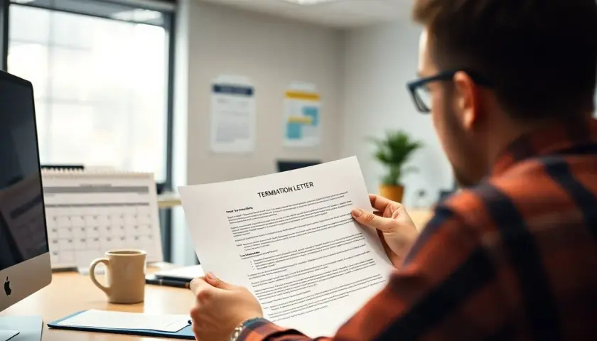 Mężczyzna w okularach czyta dokument "Termination Letter", zastanawiając się, jak złożyć wypowiedzenie. Na biurku komputer, kubek i kalendarz.