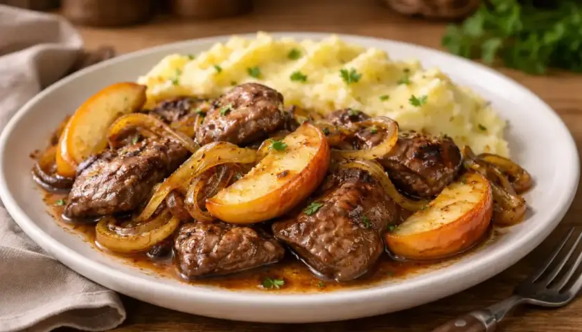 Pyszna wątróbka z jabłkiem i cebulką, podana z purée ziemniaczanym. Aromatyczne danie, które rozpływa się w ustach.
