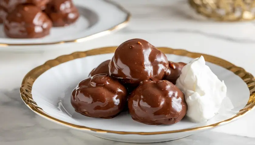 Profitterol ricetta: golosi bignè ricoperti di cioccolato fondente, serviti con panna montata su un piatto bianco con bordo dorato.