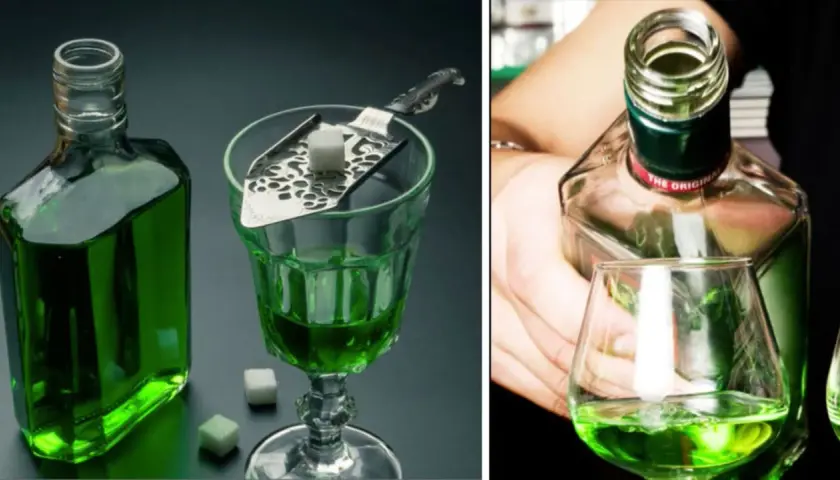 Grüner Absinth wird traditionell mit Zucker und Wasser serviert. So trinkt man Absinth: Ein Zuckerwürfel auf einem Löffel über dem Glas, Tropfen für Tropfen Wasser.