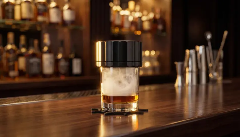 Verre de whisky fumé, montrant comment fonctionne un fumoir à cocktail. Des bouteilles d'alcool en arrière-plan.
