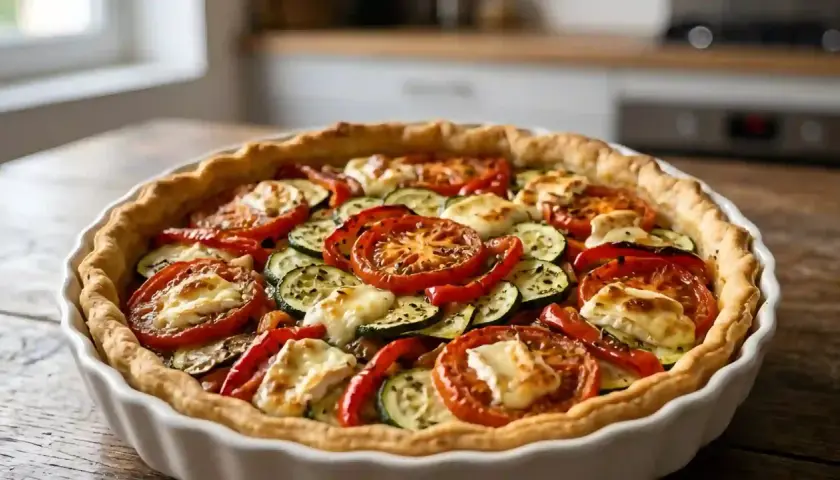 Une quiche méditerranéenne aux tomates, courgettes et poivrons rouges, garnie de fromage fondant, prête à être dégustée.