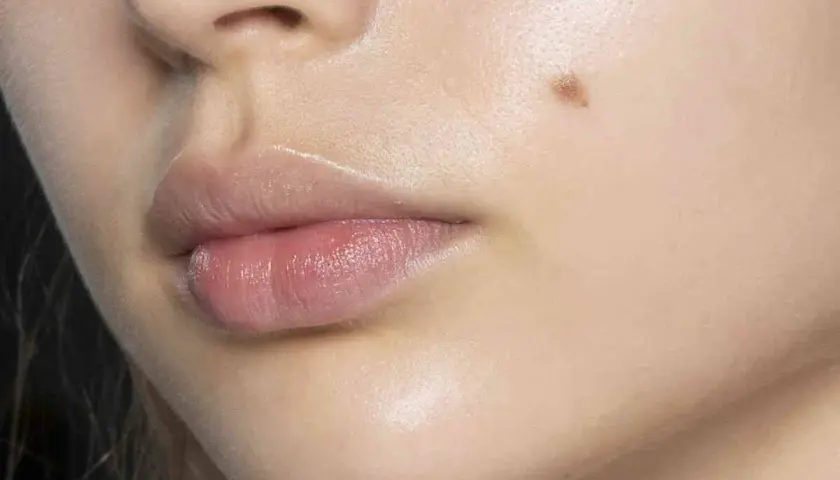 Labios rosados y piel luminosa con un lunar y un ligero vello facial.