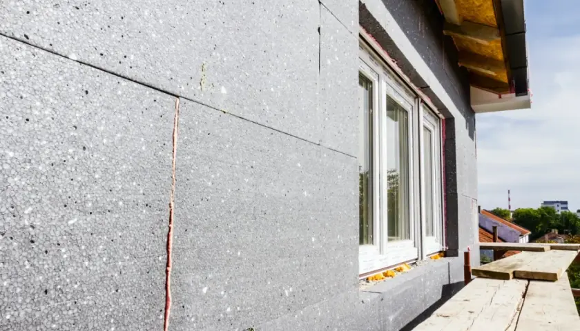 Panneau de polystyrène gris pour isolation exterieur finition. Fenêtre blanche installée. Chantier en cours.