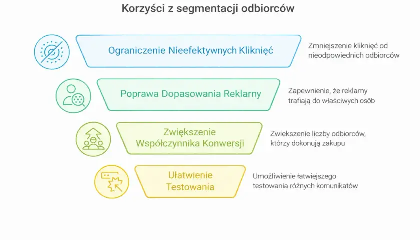 Korzyści z segmentacji odbiorców: ograniczenie nieefektywnych kliknięć, poprawa dopasowania reklam, zwiększenie konwersji i ułatwienie testowania.