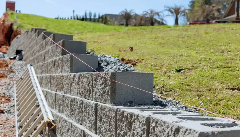 Budowa muru oporowego z bloczków betonowych na zboczu. Widać drabinę i sznurek do poziomowania.