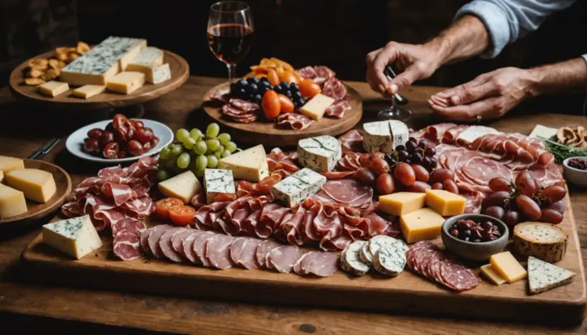 Plateau de charcuterie et fromages variés, avec raisins et tomates cerises. Parfait pour savoir quel vin avec charcuterie.