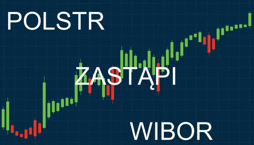 Wzrosty na wykresie świecowym, z napisem "POLSTR ZASTĄPI WIBOR". Nowy wibor wchodzi na rynek.