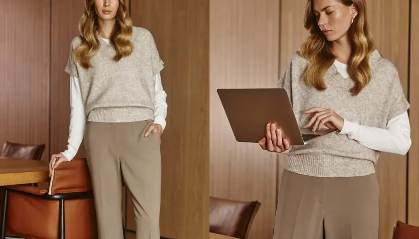 Elegancki damski dress code biznesowy: beżowy sweter bez rękawów na białej bluzce, brązowe spodnie. Kobieta z laptopem.