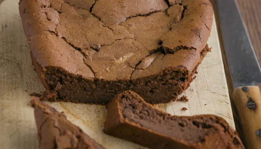 Un délicieux gâteau au chocolat en forme de cœur, un gâteau sans oeuf, craquelé sur le dessus, avec une part coupée.
