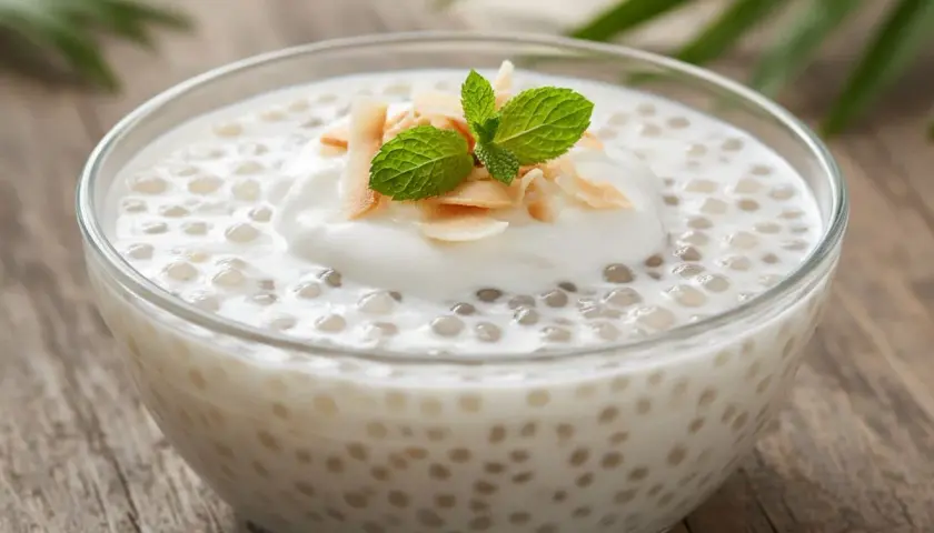 Un bol de tapioca au lait de coco, garni de copeaux de noix de coco et d'une feuille de menthe.