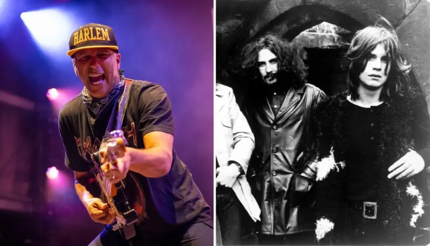 Dwóch członków Black Sabbath: młody Ozzy Osbourne i Tony Iommi w latach 70. oraz współczesny muzyk grający na gitarze.