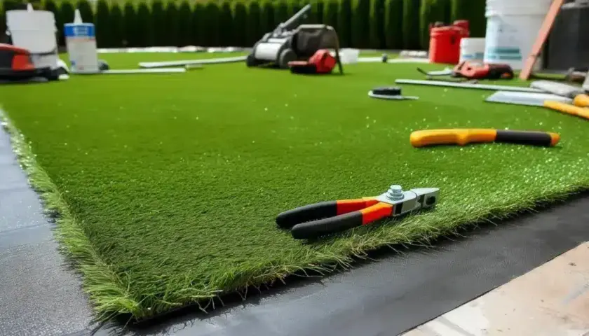 Attrezzi pronti per la posa erba sintetica su terra. Un prato perfetto in arrivo!
