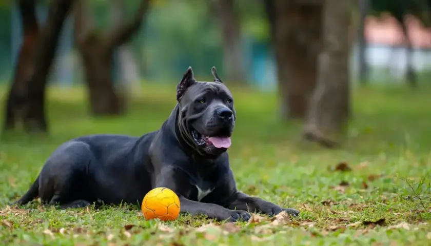 Potężny cane corso leży na trawie obok pomarańczowej piłki. Jego waga jest imponująca, świadczy o sile i zdrowiu.
